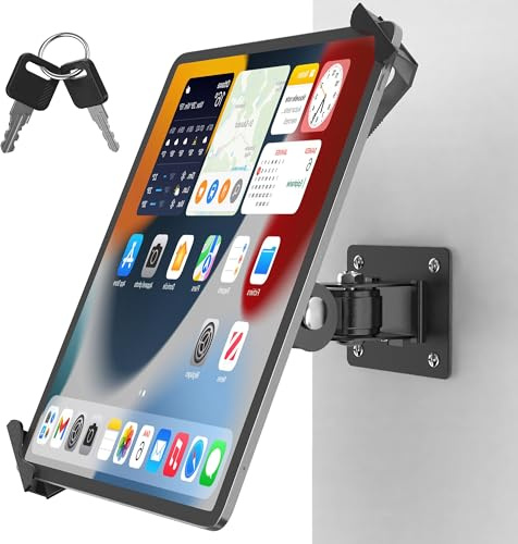 Anti-Theft Tablet Wall Mount with Key Lock, Full Motion Locking iPad Holder | for POS Kiosk, Retail Check-In Counter, 360° Rotation Swivel Tilt Tablet Stand Fits 7-14 iPad Pro Air Galaxy Tab in Black