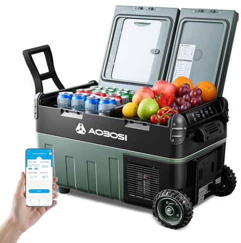AAOBOSI 30L Nevera Portatil Electrica, Doble Zona, Nevera Coche con APP, Iluminación LED, 12/24V y 100-240V, Puerto de Carga USB, -20°C a 20°C, Nevera 12V con Compresor para Viajes al Aire Libre