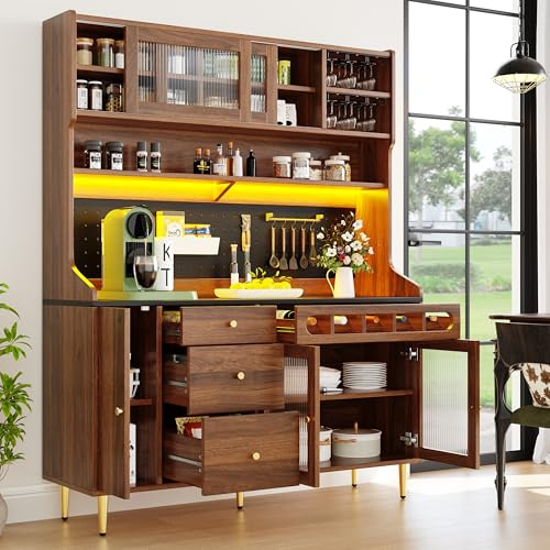 BTM Tall Kitchen Cabinet with Shelves, LED Lighting Freestanding Larder Cupboard with Wine Rack for Dining Room, Living Room, Walnut