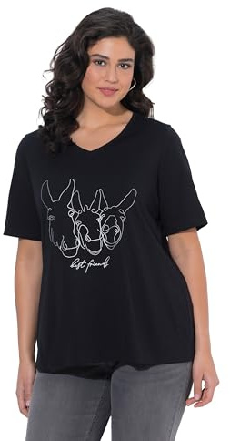 Ulla Popken Damen große Größen Übergrößen Plus Size T-Shirt, Tiermotiv, Classic, V-Ausschnitt, Halbarm schwarz 46+ 849558100-46+