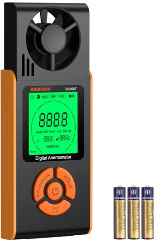 BOBOVAV 4 in 1 Digital Wind Speed Anemometer Handheld with 6 Units | 6 Wind Speed Units, MAX/MIN/AVG & Data Hold, Backlit LCD, Temperature, Humidity & Wind Chill for Outdoor Activities & HVAC