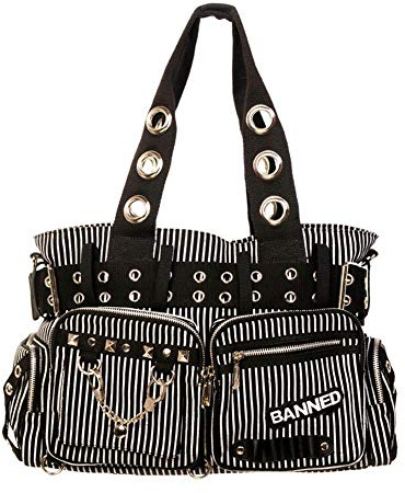 Banned - gestreifte Damen Handtasche/Schultertasche Schwarz Weiss