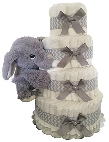 4 Tier Themed Diaper Cake - Elephant, Elephant Diaper Cake, Grey Elephant Diaper Cake, Grey Chevron Elephant Diaper Cake,Elephant baby shower Centerpiece