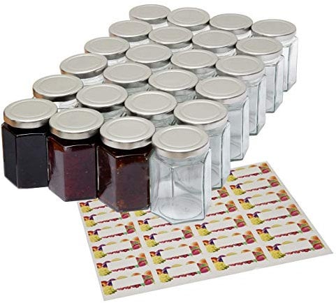 Better Bottles 8oz Jam Jars with Lids and Sticker Labels, 24 Pack, Reusable Hexagonal Canning Storage for Preserves, Jelly, Herbs, and Spices, Clear Glass