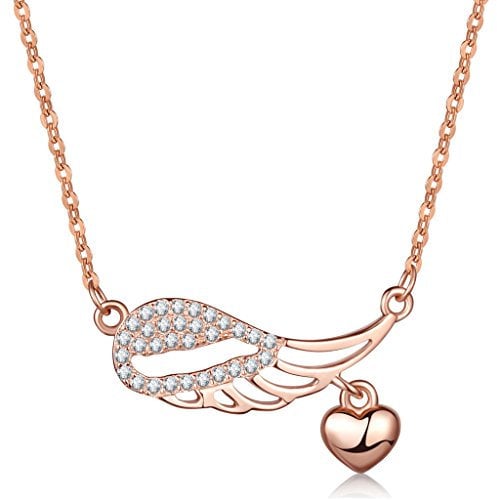 Infinite U Elegant Angel Wing Heart 925 Sterling Silver Cubic Zirconia Pendant Necklace Necklet for Women/Girls, Rose Gold