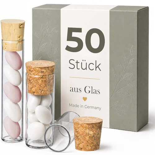 50 Stück Reagenzgläser mit Korken, Glasröhrchen für Gastgeschenke 60x30mm | Reagenzglas mit Naturkorken für Hochzeitsmandeln, Gewürze oder Badesalz als Geschenk zu Taufe, Hochzeit oder Kommunion