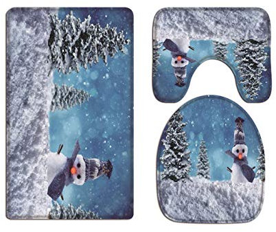 A.Monamour Badezimmer Badematte 3 Teilig Set Weihnachts Schneemann Kiefer Winter Schnee Schnee Kunstdruck Weich Toilettenüberzug Flanell Saugfähig Badteppiche Badvorleger Badgarnitur WC Vorleger
