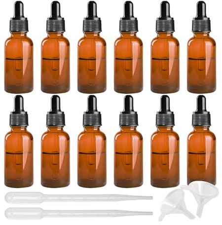 Lot de 12 Flacons Compte-gouttes en Verre, 10ml Bouteilles en Verre Ambré Vide avec Pipettes Rechargeables - Anti-ultraviolets - pour Huile Essentielle, Aromathérapie, Liquids Chimique, Parfum