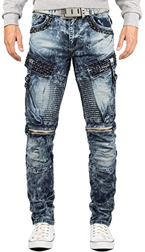 Cipo & Baxx Herren Denim Jeans mit markanten Biker- und Cargo-Details | Verschiedene Designs mit Destroyed-, Stone-Washed- und Cargo-Details, Ziernähten, Taschen und Reißverschlüssen