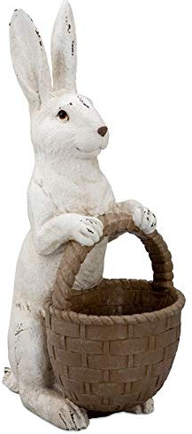 H.Bauer jun. große Deko Hasen Figur Kunststein ca. 42 cm - sitzender weißer Osterdeko Hase mit braunem Korg - XXL Polyresin Osterhasen Frühjahresdeko zum hinstellen