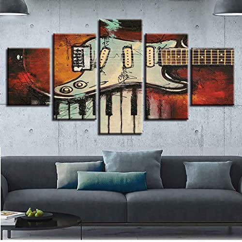 JBUTXE Leinwand Bilder Musikinstrument Gitarre Klavier Leinwandbild, auf Leinwand Gedrucktes Kunstwerk 5-teilig, Foto auf Leinwand für Wanddekoration Design Wohnzimmer Wohnkultur (Kein Rahmen) 200x100
