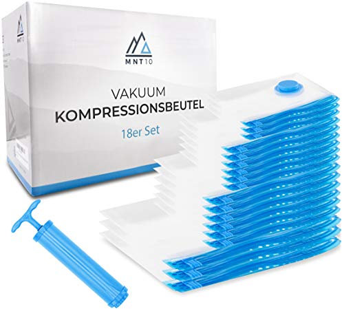 MNT10 Vakuumbeutel Kleidung Staubsauger I 18er Set Kleiderbeutel in Größen S, M, L und XL I Vakuum Aufbewahrungsbeutel für Kleidung, Bettdecken I Robust und Wiederverwendbar (18er Set - S, M, L, XL)
