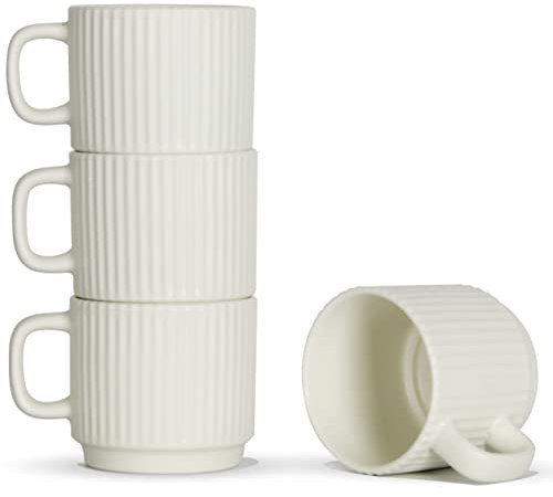SHOWFULL Stapelbare Kaffeetassen, 4er-Set, 200 ml, Espresso-Keramik-Tassen für Latte, Cappuccino, Kakao mit Griff, Weiß