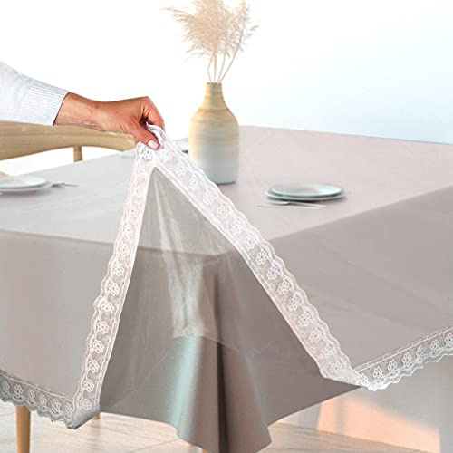 EUBSWA Tischdecke Transparente Wasserabweisend Tischfolie 150x230cm - Tischschutz Abwaschbar mit Weiße Spitze PVC Tischschutzfolie Tischabdeckung