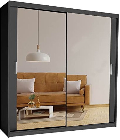 Samsun Modern Double Sliding Mirror Door Wardrobe Bedroom with Adjustable Hanging Rails, Shelves Storage Cupboard For Home Furniture (Grey, 203cm)