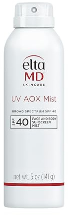 EltaMD UV AOX Mist Mineral Sunscreen Spray SPF 40, Broad Spectrum Face and Body Sunscreen with Zinc Oxide, 100% Mineral Active, Hydration Boost with Antioxidants, Moisturizer with SPF 40, 5 oz