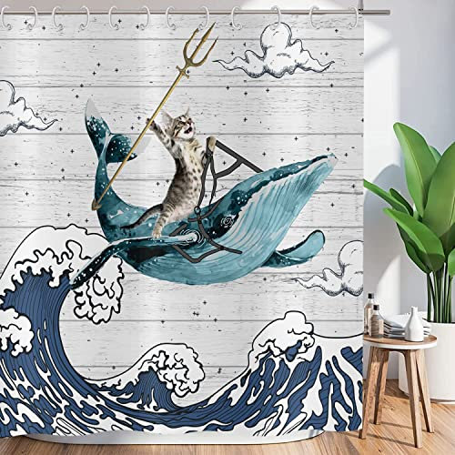 ASDCXZ Duschvorhang Lustig 180x220 cm, Katzen Fahrt Wale Meereswelle Waschbar Witzig Textil Badezimmer Vorhänge Polyester Wasserdicht Duschvorhänge für Badewanne mit 12 Duschvorhang Hake