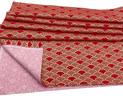 Jukway 1 LfM Baumwollstoff Meterware, 145cm breit, 100% Baumwolle Stoffe zum Nähen Bronzierendes Goldenes Blumen, Stoff Meterware Baumwolle Muster Quilten DIY Dekoration (Rot- Fischschuppenmuster)