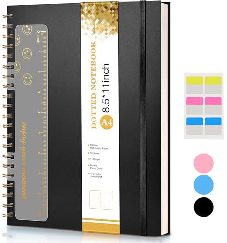 Dotted Notebook, Spiral Notebook Journal 8.5 x 11, A4 Large Dot Grid Notebooks for Women Men, 100GSM Dotted Paper, Plastic Hardcover Spiral Bullet Dotted Journals for Work School Sketching, Black