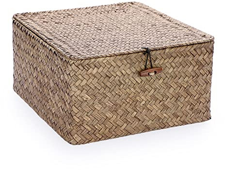IGNPION Seagrass Storage Basket with Lid Woven Seagrass Desktop Baskets Square Bathroom Storage Organiser Box, Shelves & Desks Decorative Basket Multipurpose storage Hamper