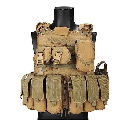HGYJ Men's Outdoor Adjustable Wear-Resistant Tactical Vest, CS Military Fan Loaded Multi-Pockets Molle Equipment,Yellow,One Size