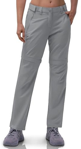 33,000ft Damen Zip Off Wanderhose, Atmungsaktiv Trekkinghose Schnell Trockend Stretch Abnehmbar Zip-Off Outdoorhose Sommer Arbeitshose Funktionshose Hellgrau 29L 46
