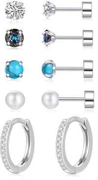 Ohrringe Set, Ohrringe Silber 925 mit Zirkonia Perlen Türkis Ohrstecker Gesundheitsstecker, Klein Piercing Ohr Helix Tragus Piercing Schlafen Ohrstecker Silber Creolen für Damen Herren Mädchen