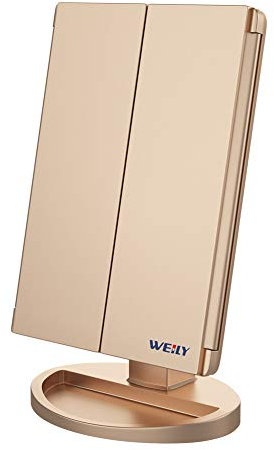WEILY Miroir Maquillage, Miroir Grossissant Lumineux avec 1X/2X/3X, Miroir LED Maquillage Pliable avec Écran Tactile et Réglable à 180 Degrés, Support USB et Batterie (Or)