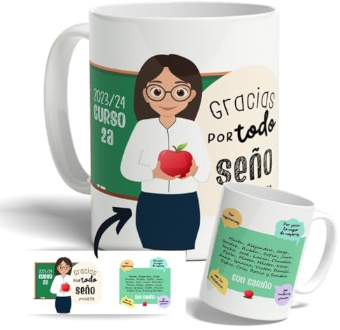 DEREGALOOS Taza Personalizada con nombre para Profesores. Tazas de Desayuno personalizada Profesores. Regalo Original para Profes. Regalos Profes Navidad. Regalo fin de curso. Gracias por todo.