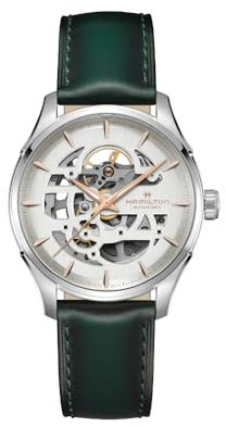Hamilton Armbanduhr Jazzmaster Skelett Auto | Swiss Made | 40 mm Edelstahlgehäuse | weißes Zifferblatt Analoguhr | grünes Lederband (Modell: H42535810), Weiss/opulenter Garten, Modern