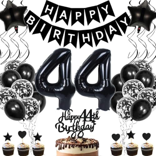 Anlgdi Geburtstagsdeko 44 Jahre Mann Frau, Luftballons 44. Geburtstag Dekoration, Schwarz Tortendeko Geburtstags 44 Jahre Frauen, Folienballon Zahl 44 Schwarz, Deko 44. Geburtstag Männer