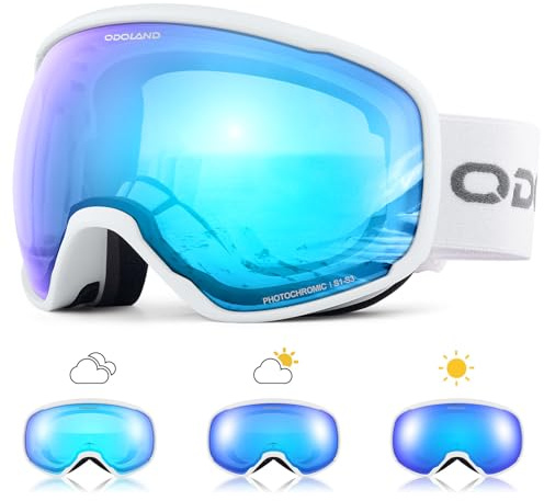 Odoland Gafas de Esquí Fotocromáticas para Días Soleados y Nublados Antiempañamiento Protección UV Gafas de Snowboard para Hombres Mujeres Adultos Jóvenes Esquí Snowboard, Azul