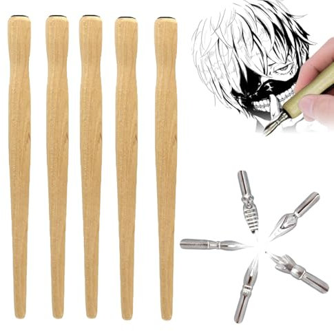 Xiciki 5Pcs Porte-Plume avec 5 Plumes pour Calligraphie et Dessin, Porte-Plume de Dip Quill Pen, pour Manga, Illustrations, Comics, Lettering, Écriture.