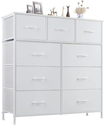DUMOS Kommode mit Schubladen - Kommoden & Sideboards für Schlafzimmer Geeignet, Komodenschrank mit 9 Schubladen, Stoffkommode mit Stabilem Stahlrahmen, Ideal für Schlafzimmer, Wohnzimmer (Weiß)