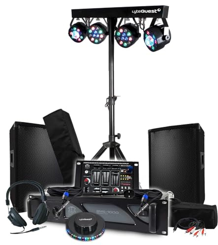 Pack Sono 1600W BM Bmsonic Ampli, Paire d'Enceintes 2x300W, Table de Mixage, Portique 4 Lumières Xperformer,OVNI LED, Fête Soirée