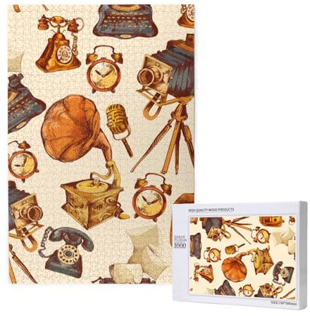 Retro Sketch Clock Camera Microphone, Jigsaw Puzzles 1000 Pieces Wooden Jigsaw Toy Family Game Wall Decor for Adults Teens