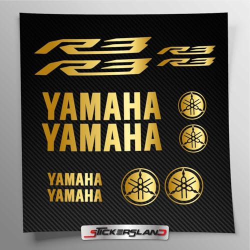 Kit adesivi compatibile con serbatoio e casco moto | Vinile Prespaziato FACILE APPLICAZIONE | scritte loghi | Stickersland® - R3 (Oro Metallizzato)