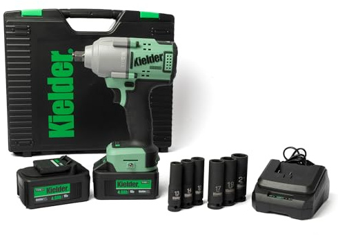 Kielder KWT-180-62 18v Brushless Cordless 1/2 850Nm Mid Torque Impact Wrench Kit. 2 x 4.0Ah Li-Ion TYPE18 Battery, Charger, 6 x Impact Sockets & Case