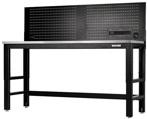 BUNKER 28099 Workbench with Stainless Steel Worktop and Power Pegboard, 1829mm