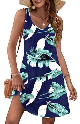 MOLERANI Summer Dresses for Women UK - V Neck Women Dresses Casual Sleeveless Ladies Dress with Pockets Print Blue S