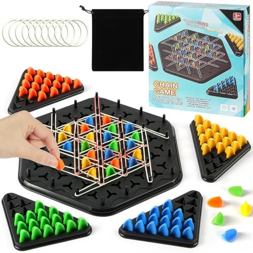 AYESY Geometric Chain Triangle Chess, Triggle Rubber Elastic Band Board, Kids Strategy Game Educational Brain Teaser & Puzzle for 2 to 4 Players - Small