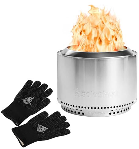 FEUERGOTT Set - Solo Stove Yukon Ø 68,6cm große rauchfreie Edelstahl Feuerstelle & Grill- & Ofenhandschuhe, hitzebeständig bis 350°C - Garten, Terrasse & größere Gruppen - Holzsparend & robust