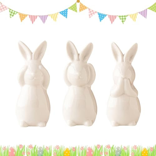 Osterhase Figuren Keramik, 3 Stück Osterdeko Modern Nordic Porzellan Hase Statue Kaninchen Figur, Ostern Deko Hase Figuren, Tischdeko Hase Ostern Frühling Schlafzimmer Wohnzimmer Büro Deko (Weiß)
