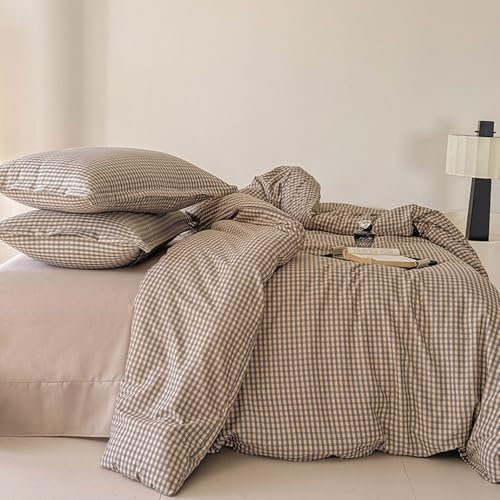 Nyescasa Housse de Couette 200x200 Motif à Carreaux Vichy Marron Moderne Parure de lit Adulte 2 Personnes en Microfibre Sets de Housses de Couettes avec Fermeture Éclair et 2 Taies d'oreiller 65x65 cm