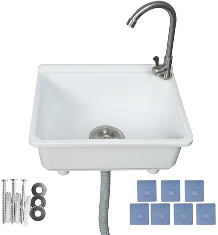 Évier de cuisine utilitaire à cuve unique de 42 x 32 cm avec trou de robinet de 3,2 cm, évier en plastique pour la maison, le restaurant, le dortoir, le garage, la salle de bain, la buanderie (blanc