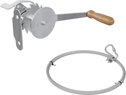 QLS Grill Handwinde mit Stahlseil 3 m Frontmontage Seilwinde Set | Verzinkte Seilwinde mit 3 m Stahlseil Holzgriff für Schwenkgrill Dreibein inkl Karabiner Seilklemmen