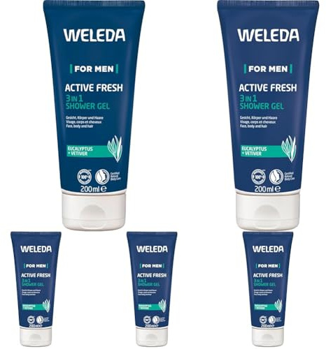 WELEDA Bio For Men 3in1 Duschgel & Shampoo ACTIVE FRESH vegan - Naturkosmetik Männer Duschseife & Haarpflege mit Eukalyptus & Vetiver Duft. Natürliche Dusche zur Reinigung von Haut & Haar (1x 200ml)