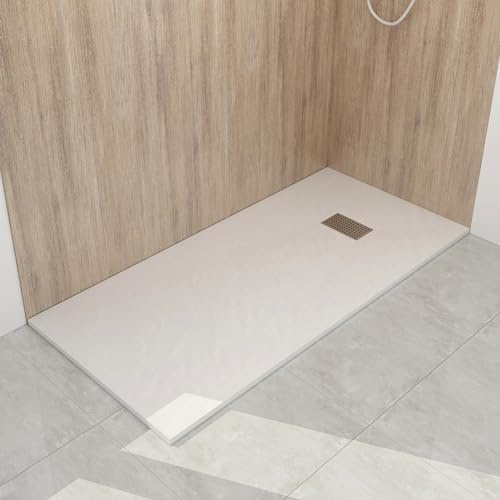 WITEN&NOCK flache SMC Duschtasse 160x70cm Steinoptik Anti-Rutsch 32mm weiß | Ø90mm DIN-Anschluss, bruchfest, zuschneidbar, Vielseitige Montage, hygienisch, einfach zu reinigen für Duschkabine Duschwand