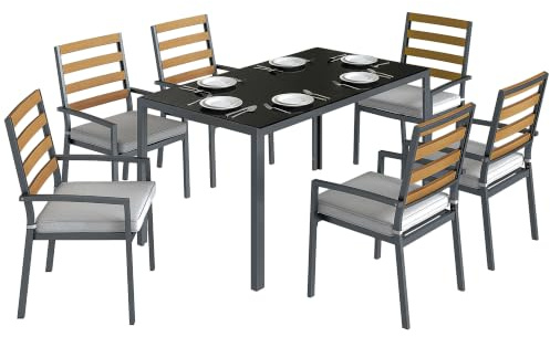 Outsunny 7 Piezas Set Mesa y sillas de Comedor Exterior Negro