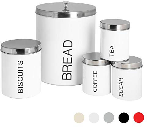 Harbour Housewares Round Kitchen Canisters Set - 5pc Set - White - Metal Kitchen Storage Tea Coffee Sugar Canisters Bread Bin Cookie Jar Biscuit Barrel with Airtight Lid